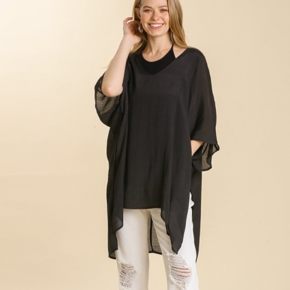 Umgee NEW Black V Neck High Low Kimono Sleeve Tunic Top Loose Boho S/M M/L